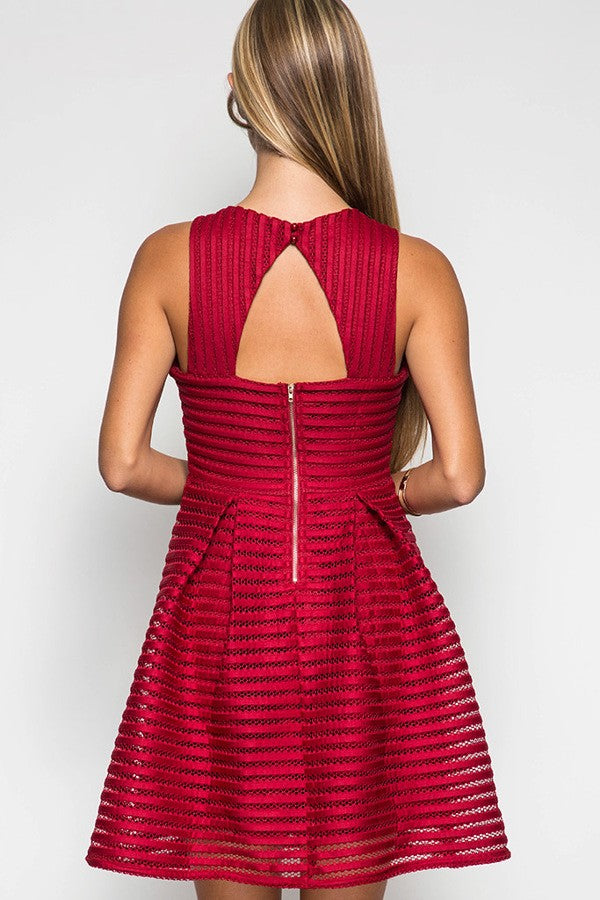 SLEEVELESS MESH FIT & FLARE PLEATED DRESS