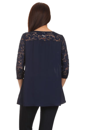 Blouse 3/4 Sleeve Round Neck lace trim - 50% Off!