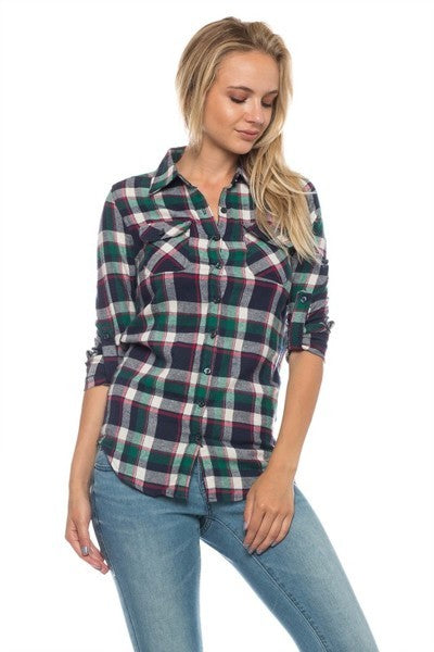 Flannel Plaid 3/4 roll up sleeve button down shirt, rounded back