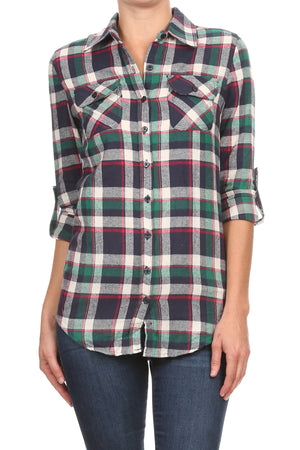 Flannel Plaid 3/4 roll up sleeve button down shirt, rounded back